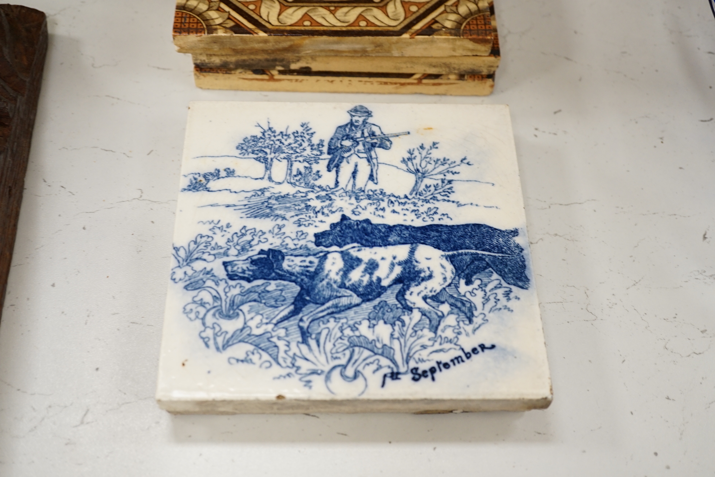 Ten Mintons Aesthetic period tiles and three Wedgwood blue and white tiles, approx 15cms square